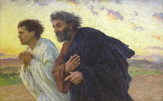 The disciples Peter and John running to the tomb on the morning of the Resurrection
