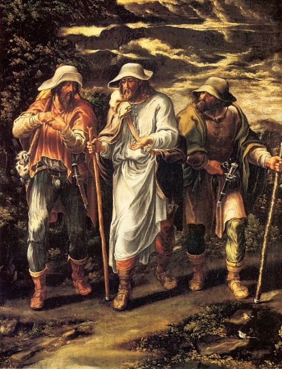 Camino de Emaús, by Lelio Orsi, shows Jesus walking with two of his disciples, who haven't yet recognized him.