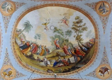 This fresco was created by Franz Xaver Kirchebner in the Parish church of St. Ulrich in Gröden, Italy, which was built in the late 18th century.