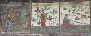 This wall-painting, in the Sucevita Monastery in Romania, shows God creating Adam and Adam being alone, which led to the naming of the animals.